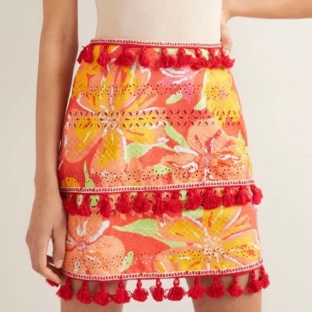 ANTHROPOLOGIE VERB by Pallavi Singhee Electra Eyelet Mini Skirt S Pom Poms
